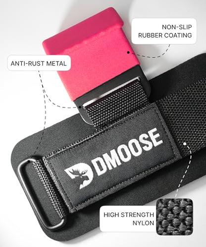 DMoose Fitness Weight Lifting Hooks (Pair) for Deadlifts, Pull Ups, Rows & Shrugs - Anti-Rip Nylon Strap Hand Grips with Thick Wrist Padding - Heavy Duty Wrist Straps for Weightlifting & Gym Workouts - color: Pink
