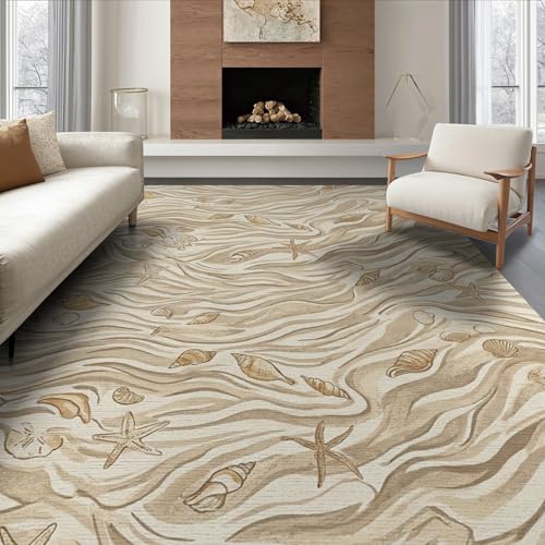 6'x9' Beige Beachy with Rustic Ocean Shell Motif Washable Area Rug | Natural Seashell Starfish and Sand Waves Easy Care, Non-Shedding, for Queen Size Bedroom Under Bed Master Suite - color: Beige/Pattern 28, size: 6' x 9' (Rectangular)