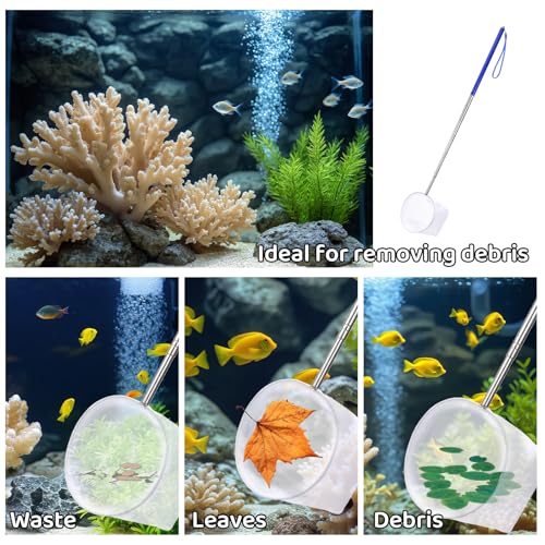 4 Inch Aquarium Net, Fish Net for Fish Tank with 8.6" to 39" Long Extendable Stainless Steel Handle Blue Round Small Aquarium Fine Mesh Shrimp Nets Pond Food Residue Debris Skimming for Fishes Shrimp