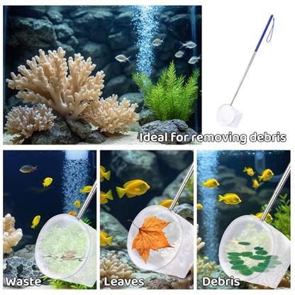 4 Inch Aquarium Net, Fish Net for Fish Tank with 8.6" to 39" Long Extendable Stainless Steel Handle Blue Round Small Aquarium Fine Mesh Shrimp Nets Pond Food Residue Debris Skimming for Fishes Shrimp