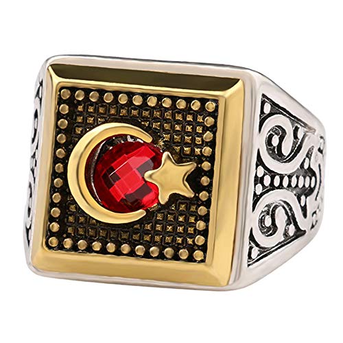 Islamic Ring for Men,Crescent Moon & Star,Antique Silver Gold Color Matching,Arabic Muslim Muhammed Rings