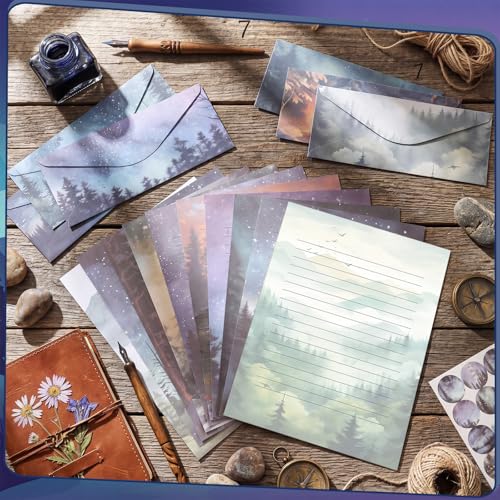 TaoBary 160 Pcs Stationery Paper Kit 50 Double Sided Stationery Papers with 50 Matching Envelopes and 60 Round Dot Sticker, 10 Design(whimsical Watercolor Illustration Starry Night, 8.5 x 11 Inch) - size: 8.5 x 11 Inch, style: Whimsical Watercolor Illustr