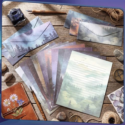 TaoBary 160 Pcs Stationery Paper Kit 50 Double Sided Stationery Papers with 50 Matching Envelopes and 60 Round Dot Sticker, 10 Design(whimsical Watercolor Illustration Starry Night, 8.5 x 11 Inch) - size: 8.5 x 11 Inch, style: Whimsical Watercolor Illustr