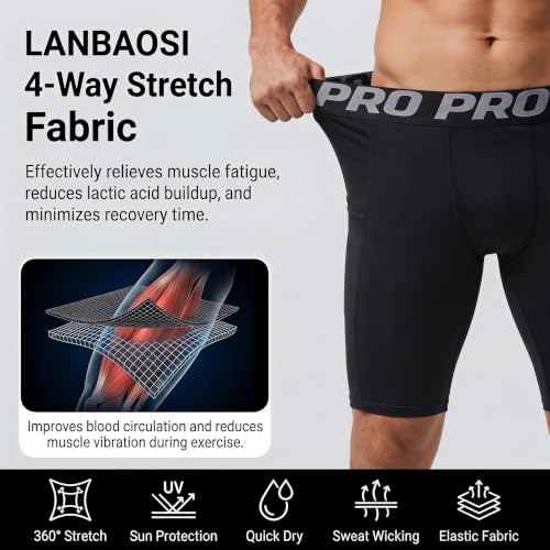 LANBAOSI Mens Compression Shorts with Phone Pocket Running Gym Yoga Athletic Tights Baselayer Summer Cool Dry Underwear Pack - color: Black+camo Green+dark Grey, size: Medium