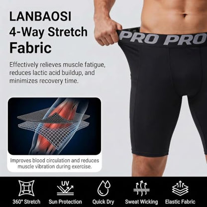 LANBAOSI Mens Compression Shorts with Phone Pocket Running Gym Yoga Athletic Tights Baselayer Summer Cool Dry Underwear Pack - color: Black, size: X-Large