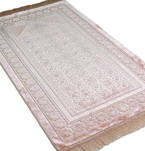 Modefa Velvet Prayer Rug with Prayer Beads Turkish Janamaz Sajadah Floral Stamp Luxury Plush (Light Pink) - color: Light Pink