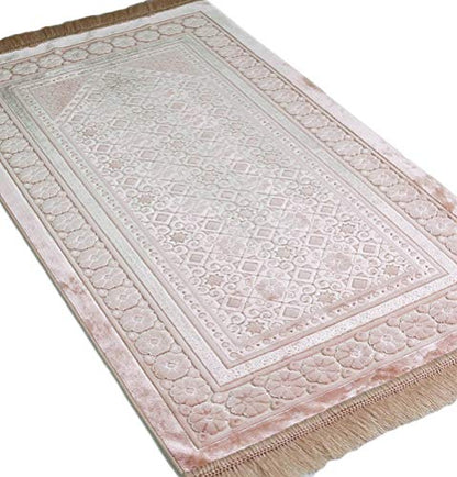 Modefa Velvet Prayer Rug with Prayer Beads Turkish Janamaz Sajadah Floral Stamp Luxury Plush (Light Pink) - color: Light Pink