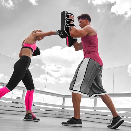 DXM SPORTS Muay Thai Pads Kickboxing Equipment Martial Arts Training Kick Pads for MMA, Taekwondo, Karate – Ideal for Kicks, Knees and Punches in Martial Arts Training (ONE PAD ONLY) - color: Black & Pink