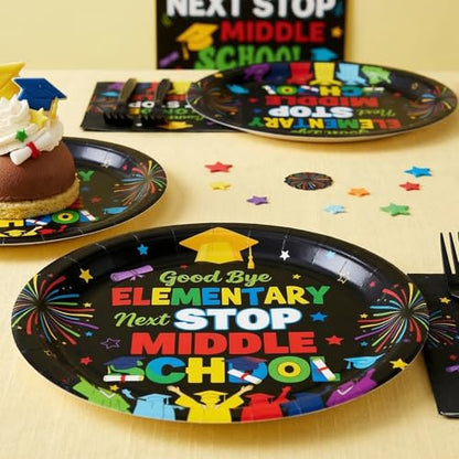 EUOYUFO 96Pcs 5th Grade Graduation Paper Plates Napkins Forks Peace Out Fifth Grade Party Tableware Next Stop Middle School Theme Graduate Class of 2026 Supplies Serve 24 Guests - color: 5th Grade