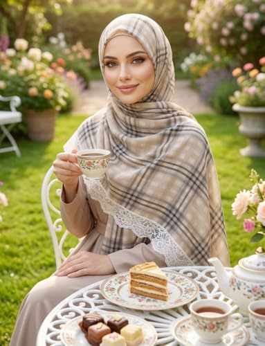 JUMISEE Elegant Floral Lace Hijab Scarf for Women Soft Cotton Head Wrap Instant Hijab Long Scarves Evening Dress Shawl - color: Beige Plaid Pattern