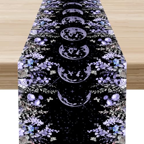 Floral Moon Table Runner, Vintage Purple Spring Flower Moon Phase Black Decor for Family Kitchen Farmhouse Holiday Party Table Decorations Indoor Outdoor 13x36 inch - color: Fmoon-10, size: 13x36" Table Runner
