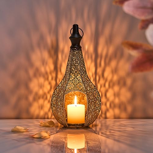 11.6inch Moroccan Lantern Lamp Decorative Candle Holders for Ramadan Decorations, Hanging, Outdoor Patio or Porch, Indoor Home Decor Gold - color: 11.6in-flower Gold