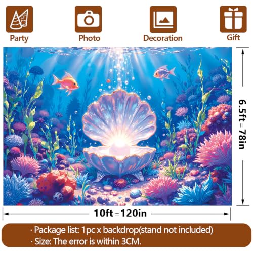 10x6.5 FT+9x4.5 FT Mermaid Backdrop Tablecover Set Under The Sea | Underwater Ocean Scene with Giant Shell Pearl,Party Decorations,Coral Fish Aquarium Background,Birthday,Baby Shower,Card - size: 10x6.5 FT+9x4.5 FT