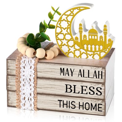Eid Mubarak Decorations for Home Ramadan Decorations Wood Ramadan Mubarak Table Sign Golden Moon Eid Tiered Tray Sign for Islamic Muslim Table Indoor Shelf Office Gifts - style: Eid Mubarak