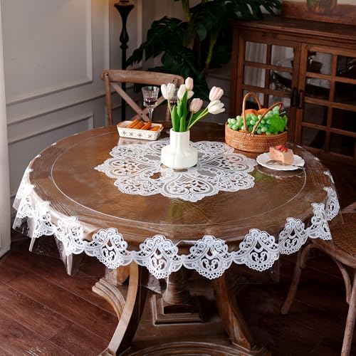 Clear Table Cover Protector Round Vinyl Tablecloth, 60" Round - color: White Lace, size: 60" (Round)