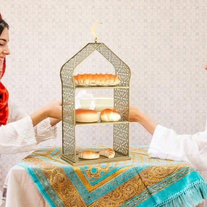 Ramadan Serving Tray 3 Tiered Metal Dessert Stand Cupcake Tower Cake Holder Stand Tiered Serving Tray for Islam Muslim Eid Mubarak Party Table Decor - size: 20*12*45cm