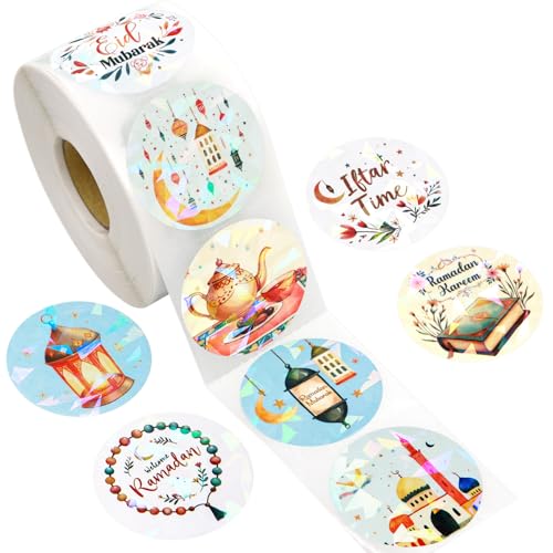 Fancy Land 500Pcs Holographic Ramadan Stickers Eid Mubarak Label Eid al-Fitr Perforated Roll Gift Tag Islamic Festival Seals for Scrapbooking Party Favors