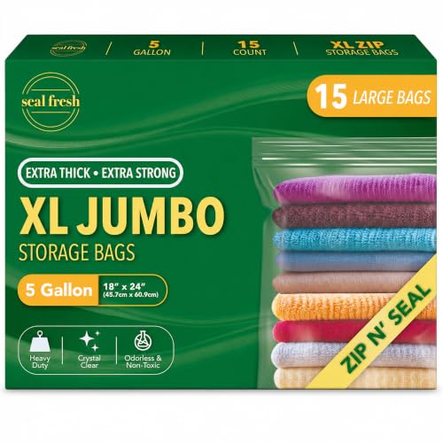 Seal Fresh 5 Gallon Large Plastic Storage Bags – 18" x 24" (15 Count) – Reusable XXL Extra Large Clear Jumbo Zip Bags with Sealable Zipper Top For Clothes, Travel, Moving - size: 5 Gallon - 15 Pack