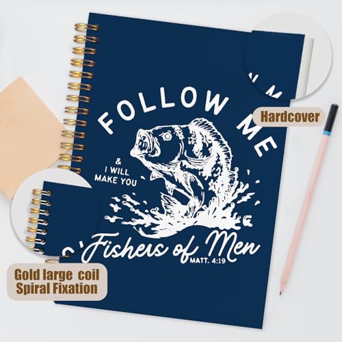 WUCHJ Dark Blue Retro Fish Christian Notebook, Matthew 4:19 Bible Verse Journal, Religious Scripture Spiral Notebook Journal for Note Taking, Christian Faith Based Gifts for Women Men, 5.5x8.3 Inch - color: dark blue fish follow me