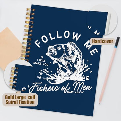 WUCHJ Dark Blue Retro Fish Christian Notebook, Matthew 4:19 Bible Verse Journal, Religious Scripture Spiral Notebook Journal for Note Taking, Christian Faith Based Gifts for Women Men, 5.5x8.3 Inch - color: dark blue fish follow me