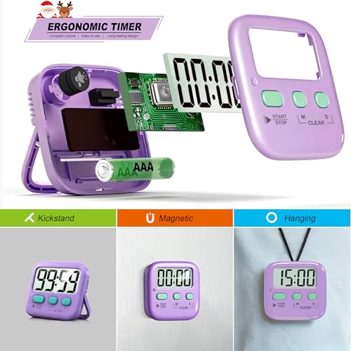 2 Pack Digital Timer for Kids Classroom Kitchen Timers for Cooking | w/ Battery, Easy to View, Alarm, Mute Mode, Count Down/Up, Magnetic, Kickstand, Hanging, Classroom Timer for Teacher Supplies - color: Fresh Purple