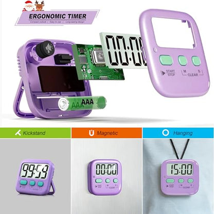 2 Pack Digital Timer for Kids Classroom Kitchen Timers for Cooking | w/ Battery, Easy to View, Alarm, Mute Mode, Count Down/Up, Magnetic, Kickstand, Hanging, Classroom Timer for Teacher Supplies - color: Fresh Purple