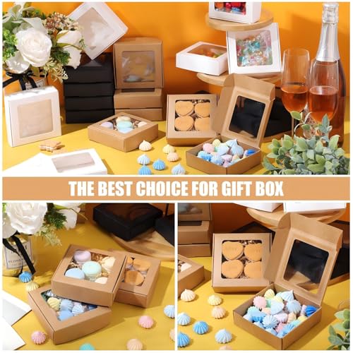 Zonon 30 Pcs Kraft Paper Boxes with Window 4.13 x 4.13 x 1.18 Inch Candy Packaging, Small Gift Boxes, Soap holder, Mini Treat Packaging for Bakery Chocolate Jewelry Display (Brown,Black,White) - color: Brown, Black, White