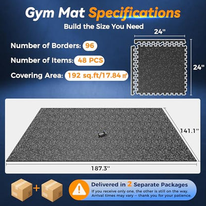 SUPERJARE 1" Extra-Thick Rubber Top Exercise Mat, Puzzle Gym Flooring for Home Gym, Gym Mat for Workout Equipment, Interlocking Floor Tiles with EVA Foam, 48 Pcs 192 Sq Ft, Black/Grey - size: 48 Tiles (192 Sq Ft)