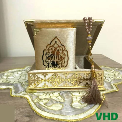Velvet Covered Quran Tasbeeh Islamic Gift Set | Holy Quran Prayer Beads Wooden Gift Box | Islamic Birthday, Wedding Gift | Islam Graduation Gift | Muslim Gift Favor | Eid, Ramadan Gift Favor (Gold) - color: Gold