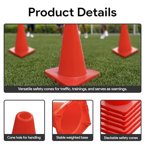 Versatyle Heavy Duty Agility Training Cones (2 in, 6 in, 9 in, 12 in, 28 in) for Sports, Kids Coaching, Multipurpose Field Marker Cones, Soccer, Basketball Drills, Bike, Motorcycle, Traffic Training - style: 18in, Orange