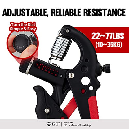 GD Grip2 Hand Grip Strengthener (Grip Strength Trainer) Adjustable Gripper (22~77lbs) Forearm and Wrist Exerciser Strengthener for grip Strength - color: RED