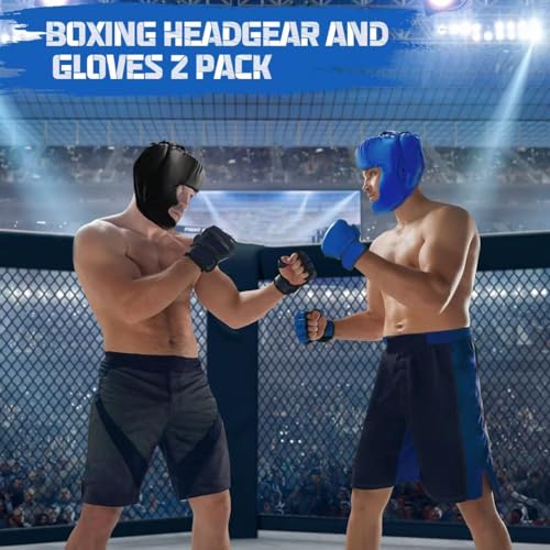 Boxing Gloves and Headgear Set Including 2 Pack Boxing Headgear and 2 Pack Boxing Gloves Boxing Equipment Sparring Gear Equipment for Beginners Adults - color: BlackBlue