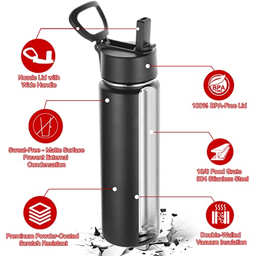 Volhoply Insulated Water Bottles with Straw Bulk 4 Pack, 22 oz Stainless Steel Sports Bottle with Handle Lid,Double Walled Vacuum Metal Travel Water Cups with Wide Mouth for Cold Drink(Black,4 Set) - color: Black