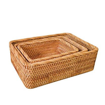 Handmade Rectangle Wicker Fruit Box Rattan Tray Magazine Organizer and Small Objects Container Serving Basket (3-Size/Kit) - size: 3-Size/Kit