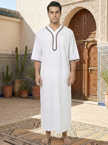 Mens Kaftan Thobe V-Neck Half Sleeve Muslim Robe Dubai Long Gown Saudi Arab Thobe Robes for Summer Beach - color: White, size: X-Large