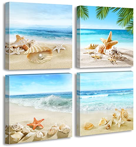 JiazuGo Beach Wall Art Bathroom Paintings Decor Seashell Starfish Nature Canvas Pictures Blue Ocean Theme Decorations Posters Contemporary Nautical for Bedroom… - color: Gradient blue
