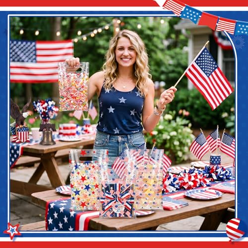 Geyoga 100 Pcs 4th of July Party Favor Bags Bulk 10 x 6 Patriotic Gift Bags with Handles Red White Blue Treat Bag 250th Anniversary Plastic USA Flag Candy Bag for Independence Day Party Supplies - style: Fourth of July