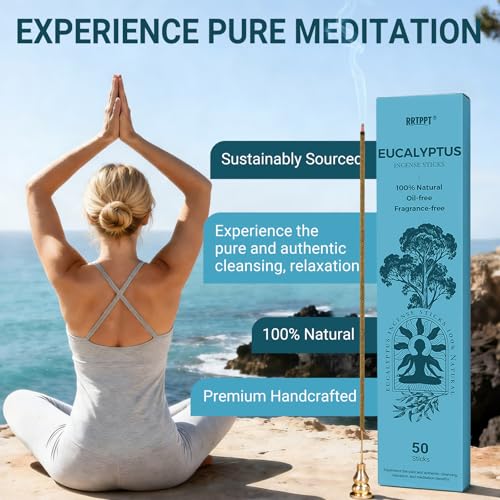 Eucalyptus Incense Sticks (50 Sticks), 100% Natural sustainably harvested Eucalyptus, Suitable for Yoga, Meditation, Relaxation, and Spiritual Purification - color: Eucalyptus