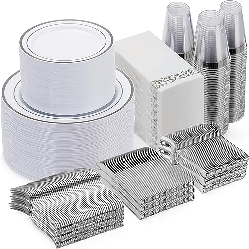 Goodluck 700 Pcs Silver Dinnerware Set for 100 Guests, Disposable Plate Set - color: Silver, style: 100 Guests