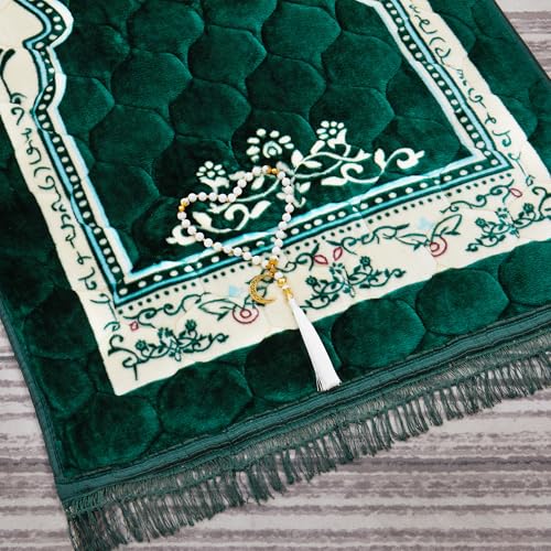Muslim Prayer Rug with Tasbih Prayer Beads, Soft Large Prayer Matt Islam, Padded Islamic Prayer Mat Thick for Men and Women, Janamaz, Sajadah (31.5" x 47.2", Green) - color: Green