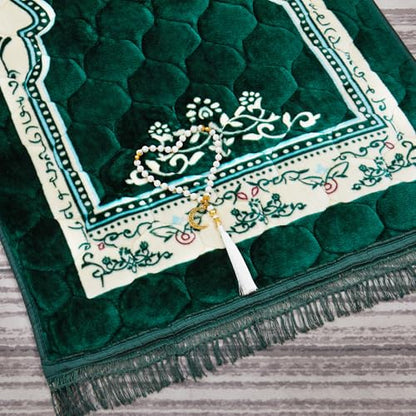 Muslim Prayer Rug with Tasbih Prayer Beads, Soft Large Prayer Matt Islam, Padded Islamic Prayer Mat Thick for Men and Women, Janamaz, Sajadah (31.5" x 47.2", Green) - color: Green