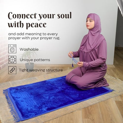 Prayer Rug - Soft Plush Turkish Janamaz Sajada Carpet for Men and Women - Plain Solid Prayer Mat Ramadan Eid Gift - with Prayer Beads - Luxury Floral Stamp, Dark Blue - color: Dark Blue