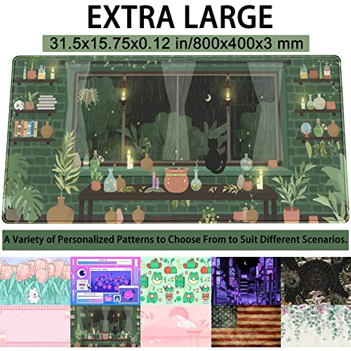 Cute Rainy Night Desk Mat Green Plants Desk Pad, Anime Black Cat Kawaii Large Gaming Mouse Pad, Moonlight Fireflies Deskmat Aesthetic Mousepad XXL, Laptop Keyboard Pad for Women Desk 31.5"x15.75" - color: Dark Green Leaves