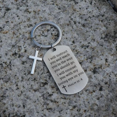 Inspirational Scripture Keychain with Cross - Bible Verse Matte Key Chain Religious Gift for Christian - style: Psalm 32:8