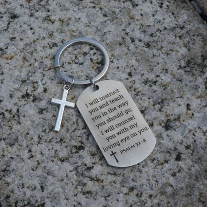 Inspirational Scripture Keychain with Cross - Bible Verse Matte Key Chain Religious Gift for Christian - style: Psalm 32:8