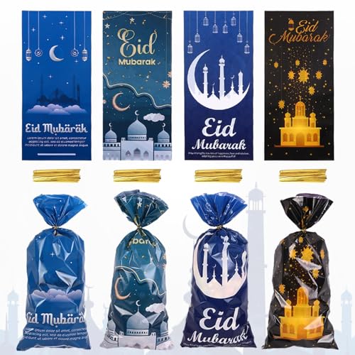 Hying 100 PCS Eid Mubarak Cellophane Bags with Twist Ties for Gift, Muslim Ramadan Cello Bag Eid Mubarak Castle Candy Bags Festival Moon Star Treat Bags for Cookie Candy Goodies Wrapping Supplies - color: Style 2: Eid Bags