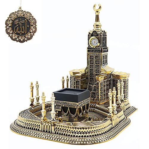 Modefa Islamic Table Decor – Kaba Clock Tower Replica with 99 Names of Allah & Car Hanger - Muslim Home Decor - Islamic Art Muslim Gifts for Ramadan, Eid Decoration - Gold (Large) - size: Large - 9in x 10.5in wide, 10.25in tall