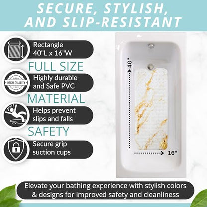 ENKOSI Non-Slip Bath & Shower Mat 40x16 Extra Long, Suction & Drain Holes | Elegant White Gold Marble print; Durable PVC; 40x16 in, White Gold Marble - color: Marble White Gold