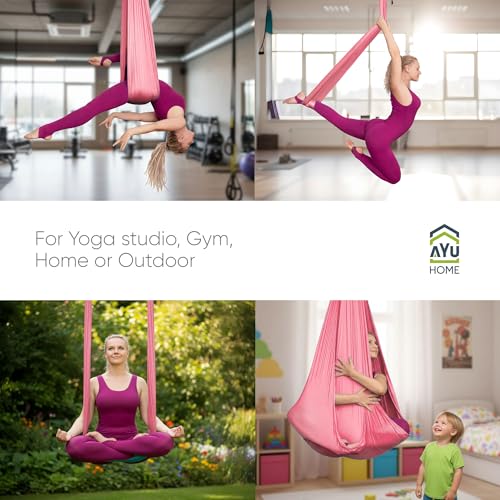 AyuHome Aerial Silks Kit for Home - Premium Yoga Swing for Adults with 660 lbs Capacity - Versatile Aerial Yoga Hammock for Gymnastics Training - color: Aerial silk - Pink New