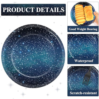 48Pcs Starry Night Starry Sky Galaxy Paper Plates and Napkins Solar System Party Decorations Ramadan Birthday Party Supplies Outer Space Disposable Tableware for Baby Shower Boys Girls Serves 24 - style: Starry Night